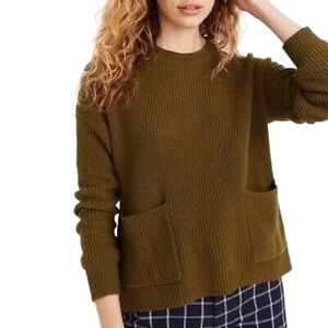 MadeWell Patch Pocket Knit Pullover Sweater Olive Green Ribbed Drop Shoulder Top